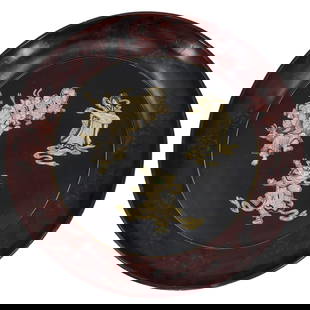 Antique Japanese Meiji Shibayama Lacquered Charger: DESCRIPTION: Antique Meiji period Shibayama charger coated in black and flower patterned lacquer and featuring three applied carved bone and mother-of-pearl decorations in its well: a warrior, a