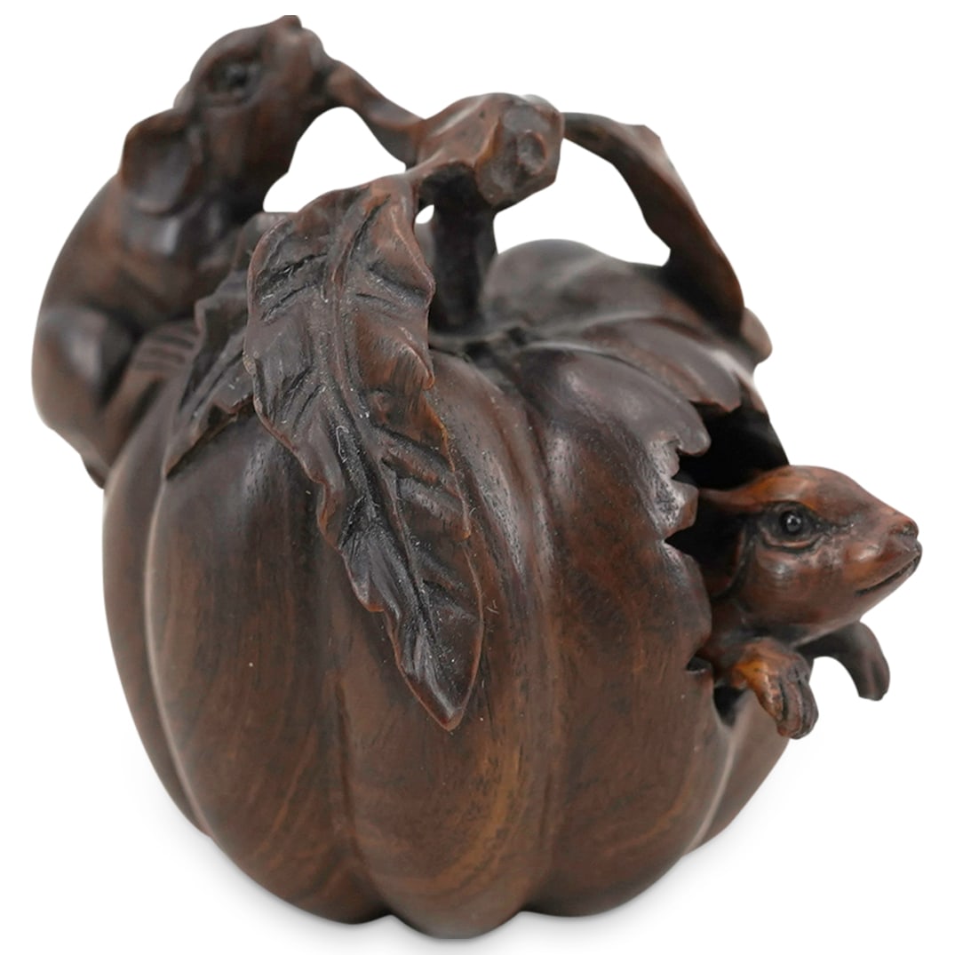 Antique Japanese Meiji Carved Wood Mice On Pumpkin Netsuke (1 of 4)