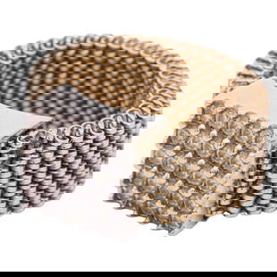 Retro 18k Gold and Diamond Mesh Ring: DESCRIPTION: Retro 18k gold ring, featuring mesh band and square 14k white gold centerpiece densely set with small diamonds. Total weight: 14.75g (9.41 dwt) CIRCA: 20th Century ORIGIN: USA