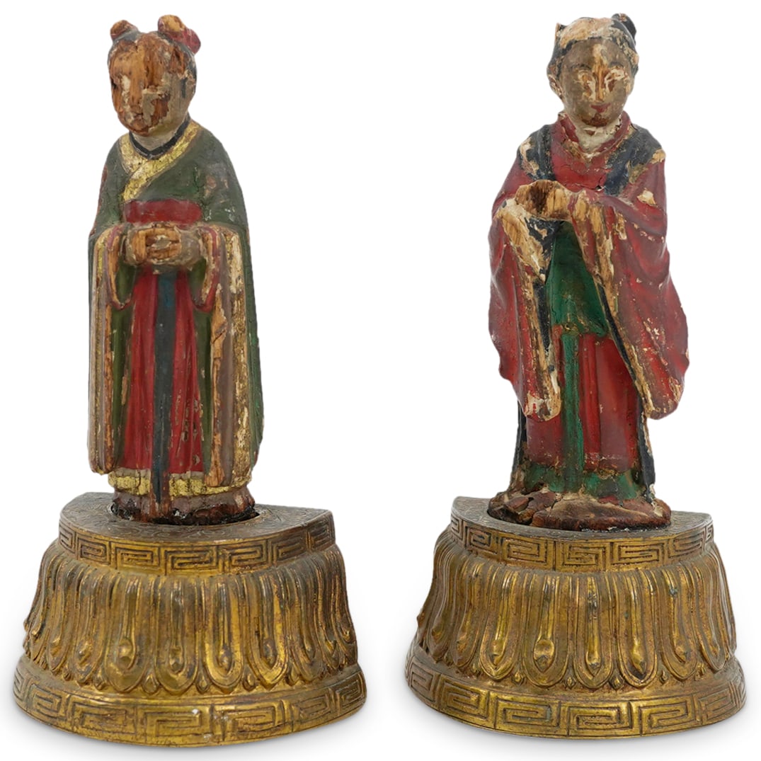 Pair Of Antique Chinese Carved Wood Effigies On Gilt Bronze Stands (1 of 10)