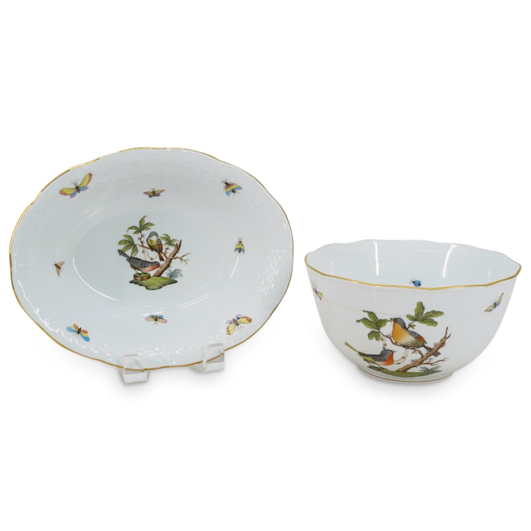 (2 Pc) Herend Porcelain "Rothschild Bird" Oval & Round Serving Bowls (1 of 11)
