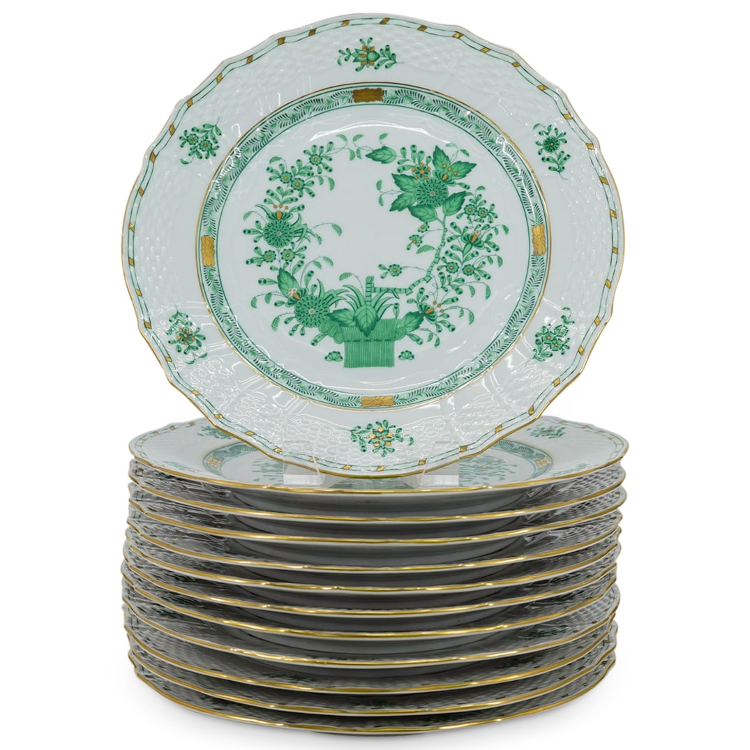 (12 Pc) Herend Porcelain "Indian Basket Green" Dinner Plates (1 of 5)