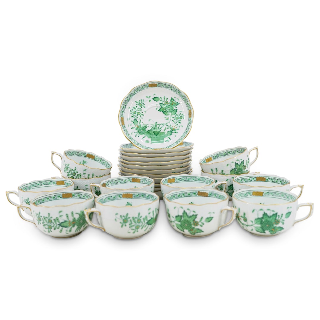 (24 Pc) Herend Porcelain "Indian Basket Green" Cups & Saucers Set (1 of 12)