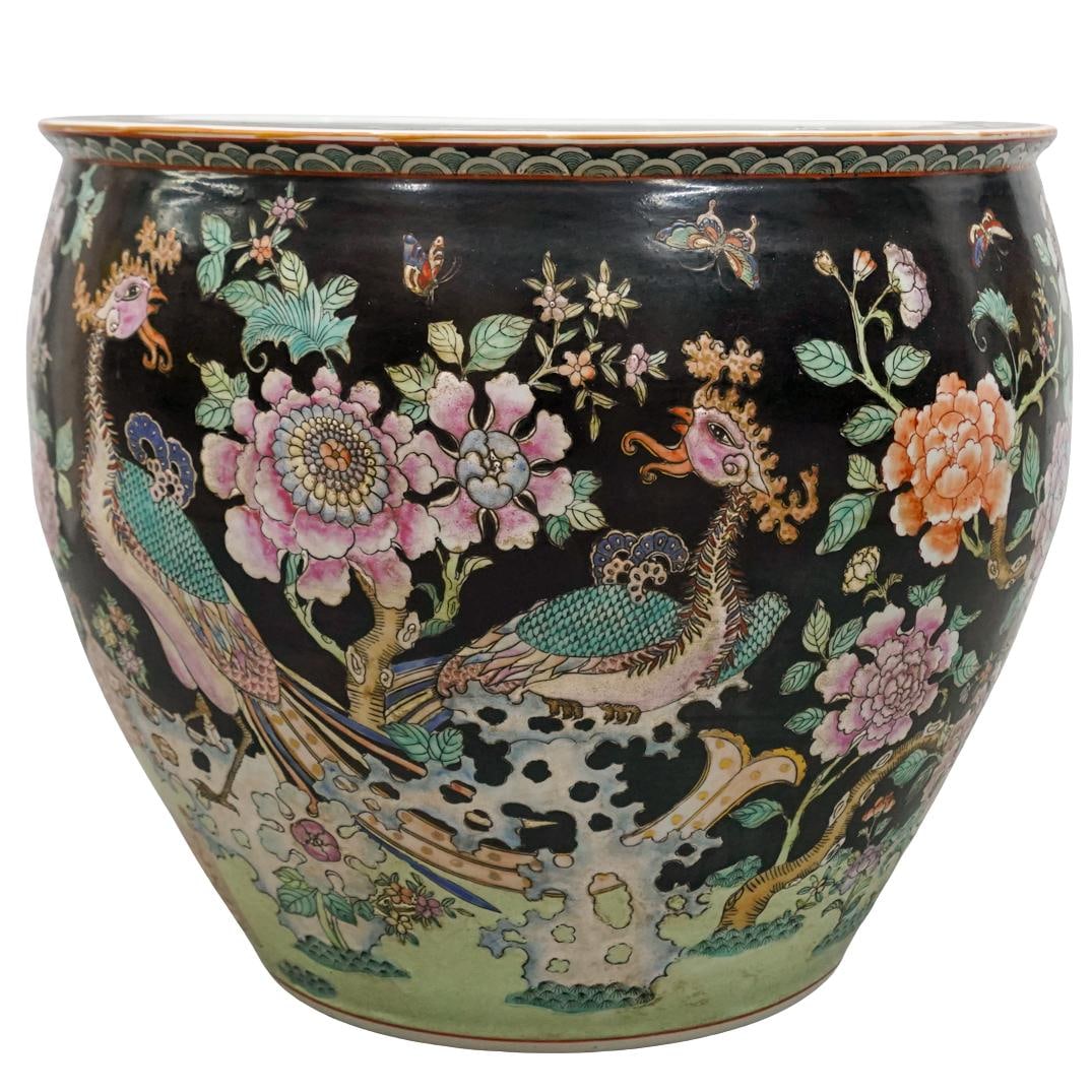 Large Chinese Porcelain Peacock Fish Bowl Planter (1 of 6)