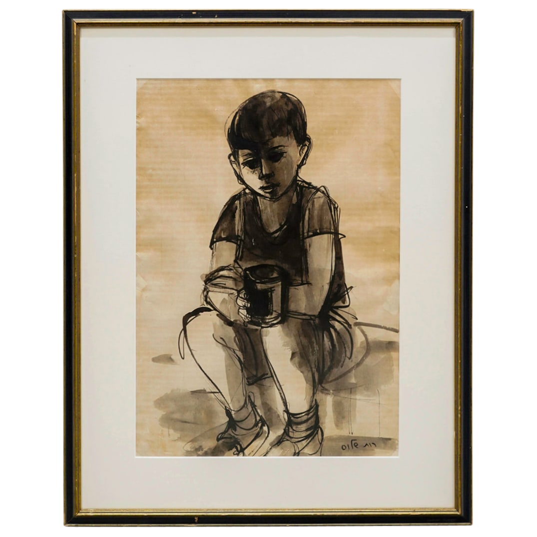 Ruth Schloss (1922-2013) "Pensive Boy" Gouache On Paper Painting (1 of 8)