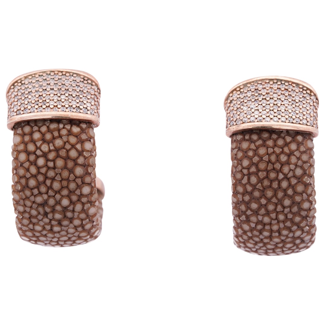 Pair Of Sterling Silver, Diamond, And Shagreen Earrings: DESCRIPTION: Two matching earrings, each crafted from a shagreen foundation sporting sterling silver fittings on either end and studded with diamonds on the pin end of each piece. CIRCA: 20th Century