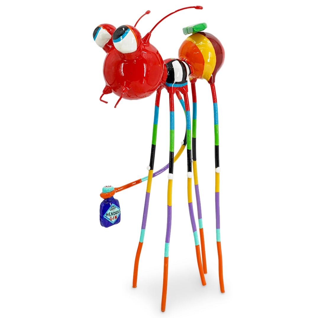 Jeffrey Kennedy Whimsical Ant Sculpture: DESCRIPTION: Whimsical and colorful sculpture, made of fiberglass and metal. Depicting an ant with exaggerated cartoon like features, like big eyes and long legs. A lime slice is on it's back and in o