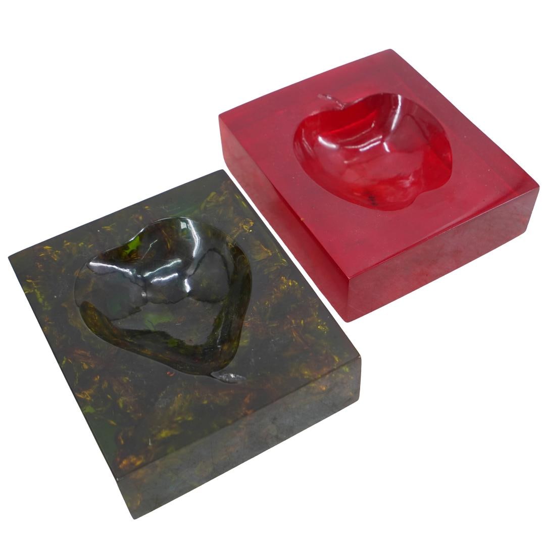 (2 Pc) Roy Adzak (English, 1927-1987) Calcofrutta Sculptures: DESCRIPTION: Pair of Roy Adzak (English, 1927-1987) calcofrutta sculptures, in the shape of an apple in red, and a pear in dark green. Engraved signature on side "Adzak" CIRCA: 1970's ORIGIN: England 
