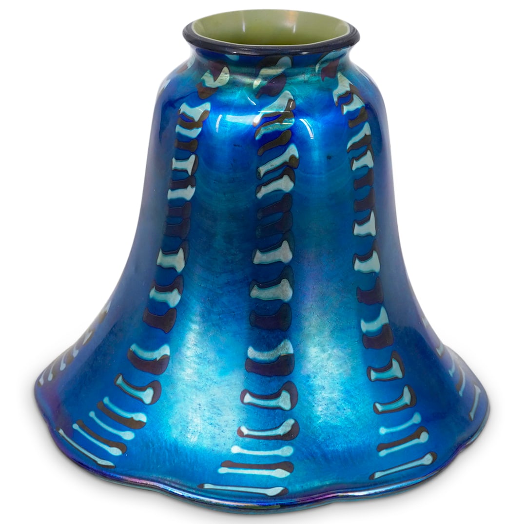 Vintage Blue Iridescent Art Glass Shade: DESCRIPTION: Vintage blue iridescent art glass shade, in bell form, with scalloped trim. Features light blue and black decorative design throughout. Green iridescent interior. CIRCA: 20th Century ORIG