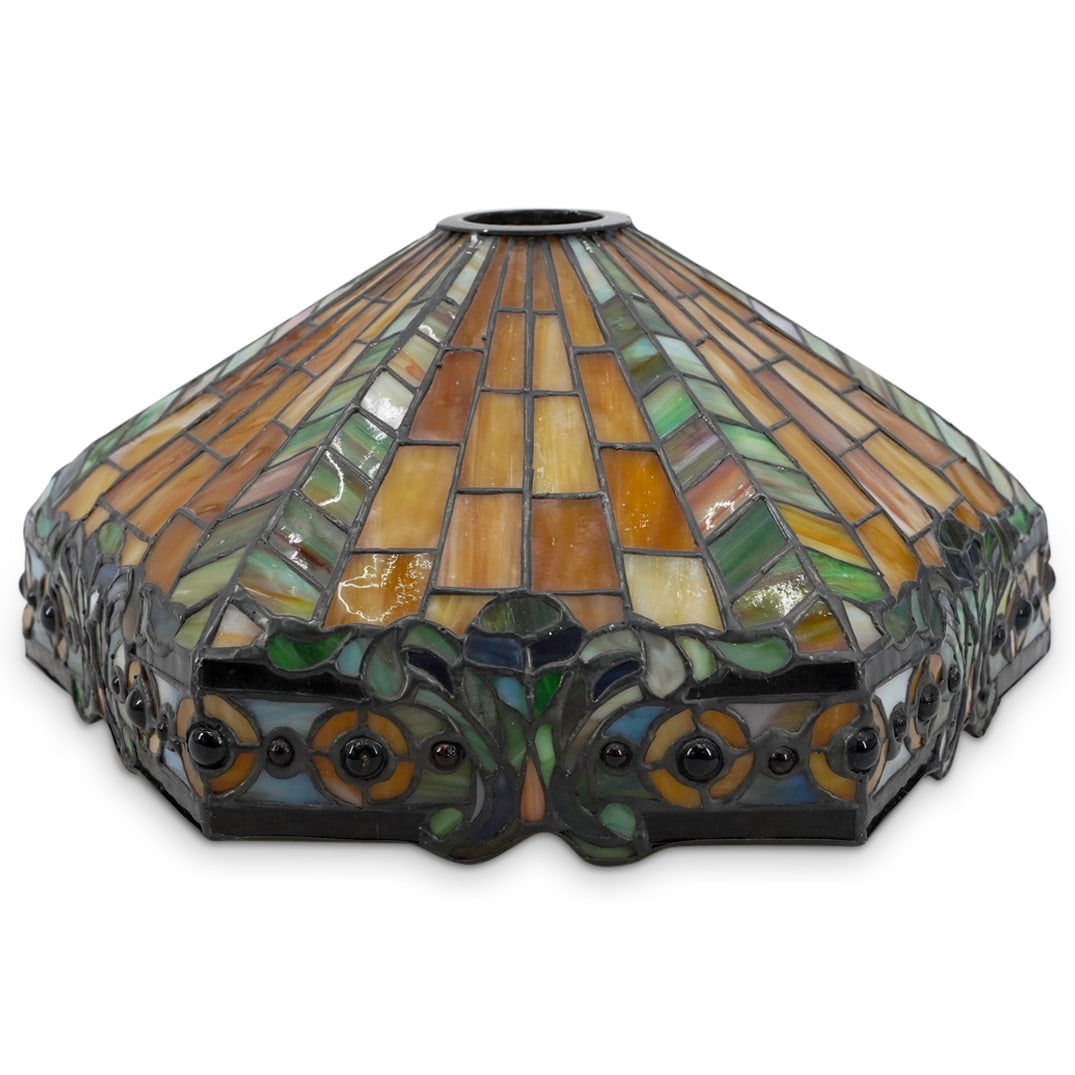 Kichler Tiffany Style Stained Glass Lamp Shade: DESCRIPTION: Kichler Tiffany style leaded stained glass lamp shade, featuring tones of browns, beiges, and greens. CIRCA: 20th - 21st Century ORIGIN: DIMENSIONS: H: 6.25" W: 14" L: 12.25" Inner D: 1.7