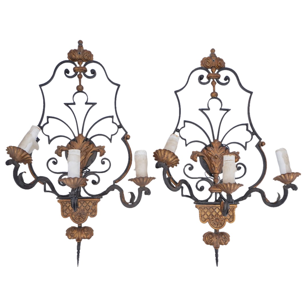 Pair Large Parcel Gilt Wrought Iron & Metal Wall Sconces (1 of 9)