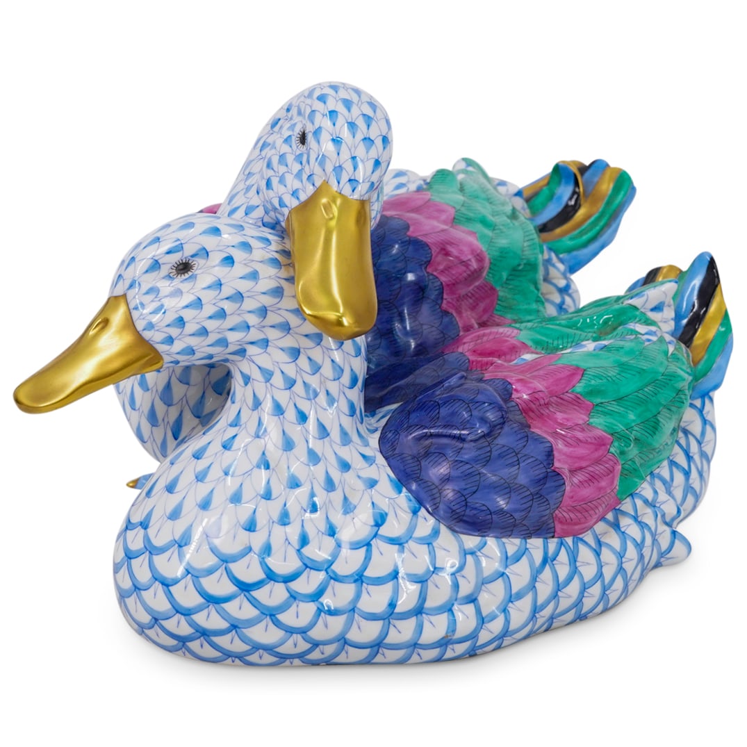 Large Herend Porcelain "Pair Of Ducks" Blue Fishnet Figurine (1 of 7)
