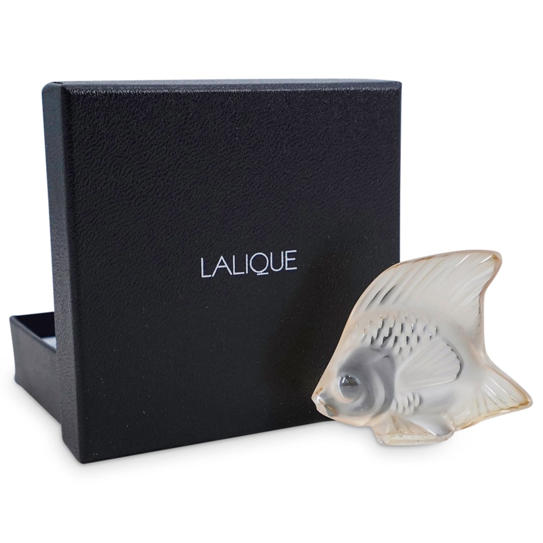 Lalique Crystal 'Poisson' Paperweight: DESCRIPTION: Lalique Crystal 'Poisson' Paperweight. In Gold luster crystal. Signed 'Lalique France'. With original box. CIRCA: 20th Century ORIGIN: France DIMENSIONS: H: 1 7/8" CONDITION: Good Conditi