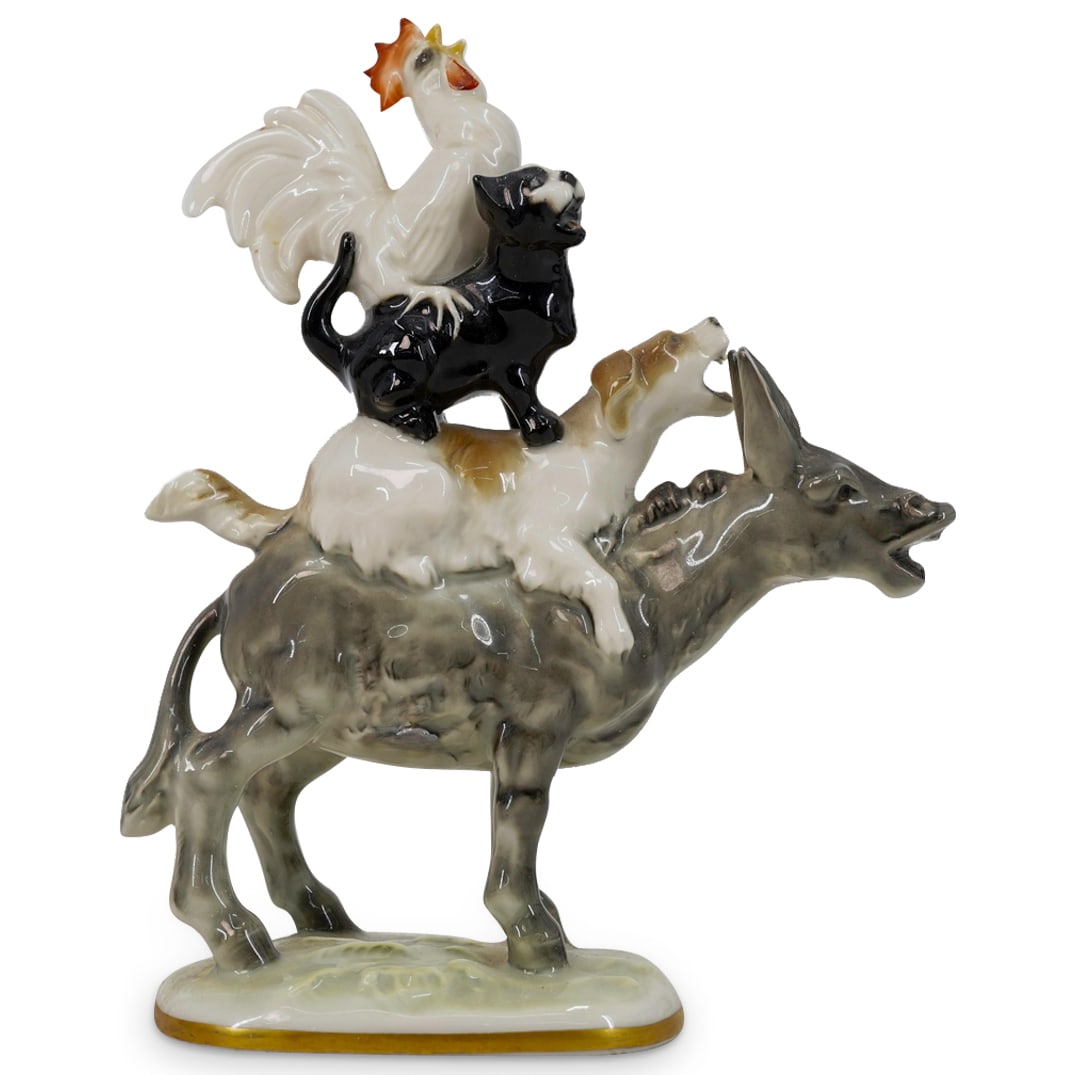 Lorenz Hutschenreuther Porcelain "Bremen Town of Musicians" Figurine: DESCRIPTION: A German Lorenz Hutschenreuther Kunstabteilung "Bremen Town of Musicians" porcelain figurine depicting a rooster, a cat, and a dog, atop a donkey. Based on the Brothers Grimm's The "Town