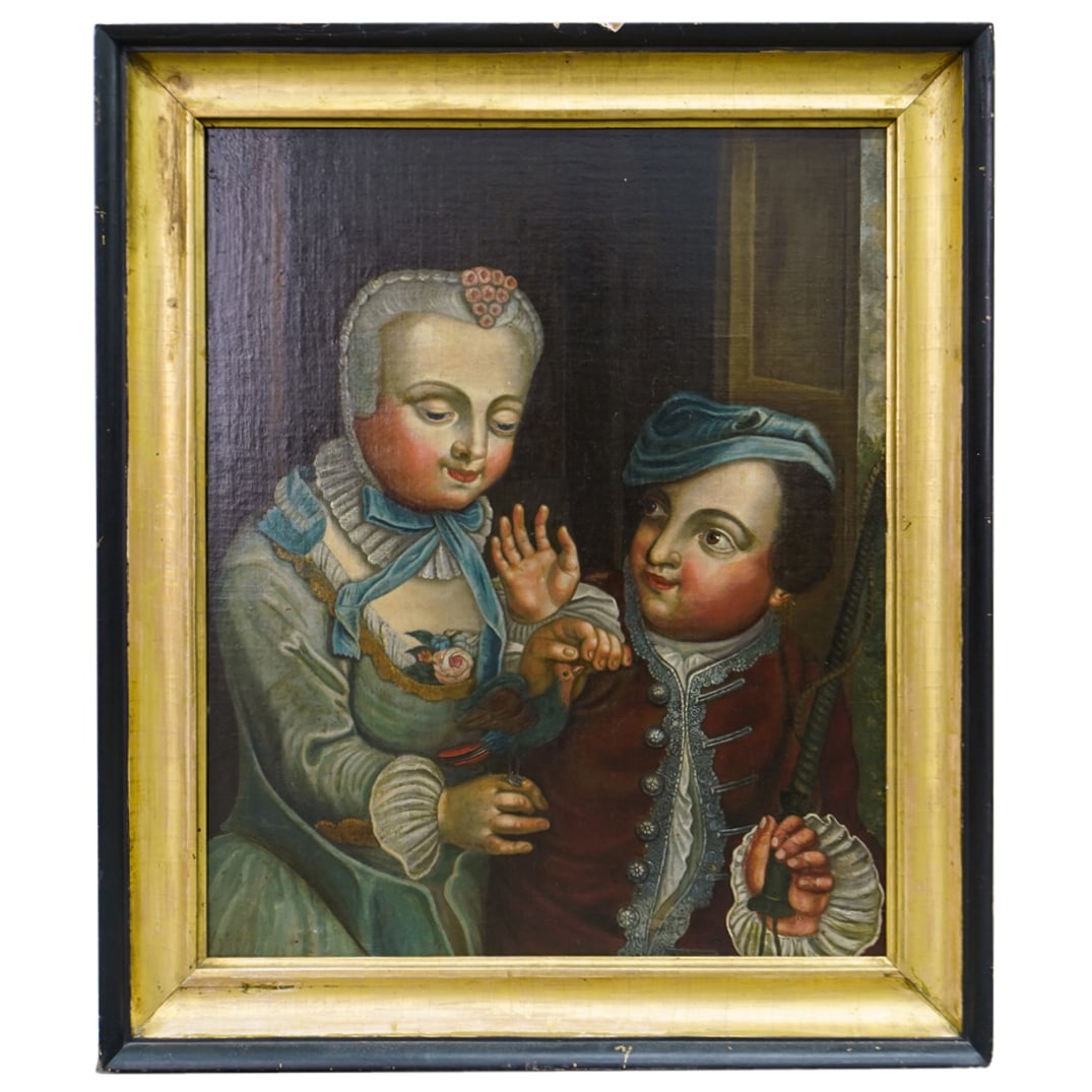 Antique Oil On Panel Painting Of Children And A Bird: DESCRIPTION: Antique oil on panel painting depicting a boy and a girl, the girl with a bird perched on her finger. CIRCA: 19th century, possibly older ORIGIN: Probably European DIMENSIONS: (Panel) H: 