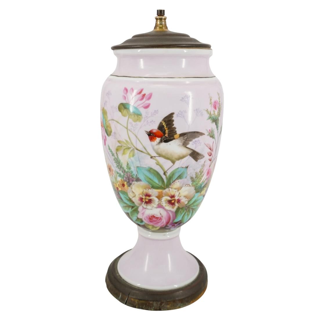 French Opaline Glass Hand Painted Urn: DESCRIPTION: French opaline glass urn, converted at one point into a lamp. Hand painted with enamel a beautiful scene featuring a bird and various flowers. CIRCA: 20th Century ORIGIN: France DIMENSION