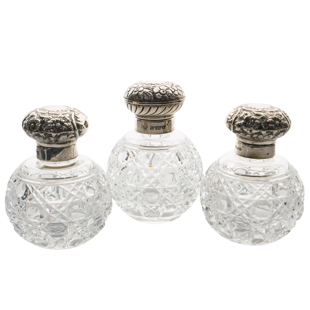 (3 Pc) Sterling Silver & Cut Crystal Perfume Bottles (1 of 5)