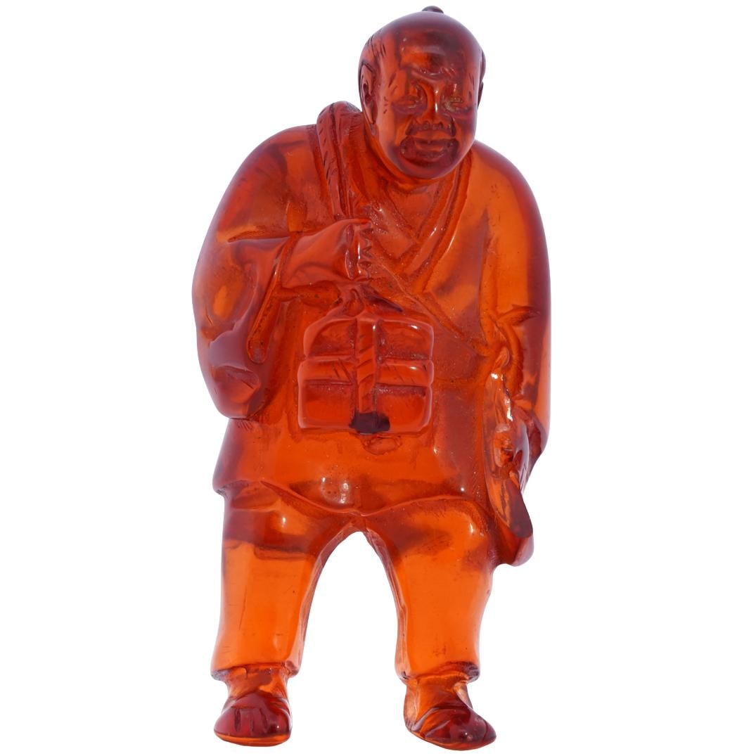 19th Century Japanese Carved Amber Traveler W/ Packages Netsuke (1 of 4)