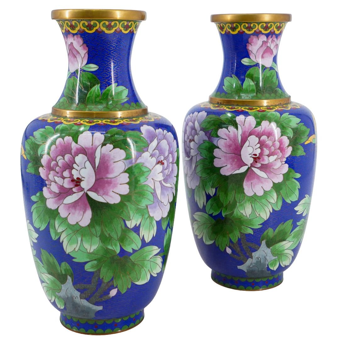 (2 Pc) Chinese Cloisonne Peony Vases (1 of 4)