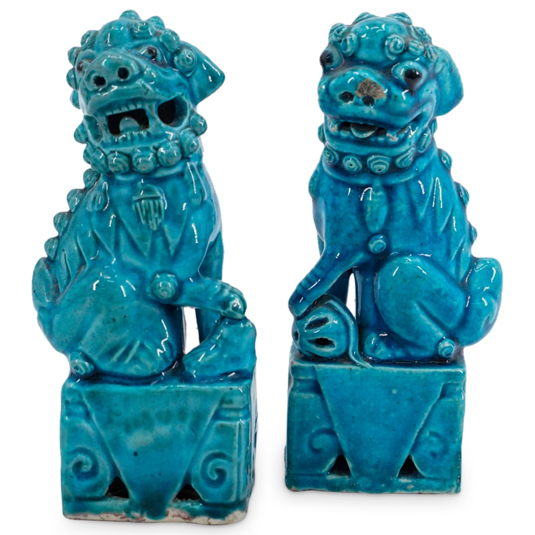 (2 Pc) Chinese Turquoise Glazed Porcelain Foo Dogs (1 of 5)