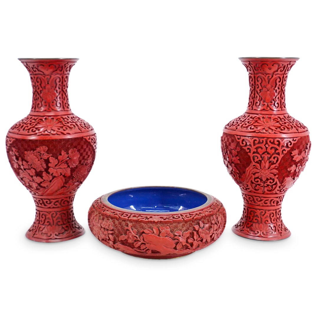 (3 Pc) Chinese Carved Cinnabar Bowl and Vases (1 of 14)