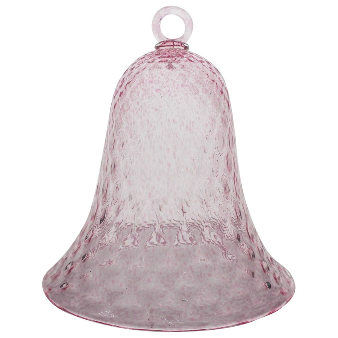 Vintage Murano Blown Glass Bell: DESCRIPTION: Vintage large Murano blown glass bell with mottled pink throughout and circular handle. CIRCA: 20th Century ORIGIN: Italy DIMENSIONS: H: 11" D: 10.25" CONDITION: Good condition, missing t