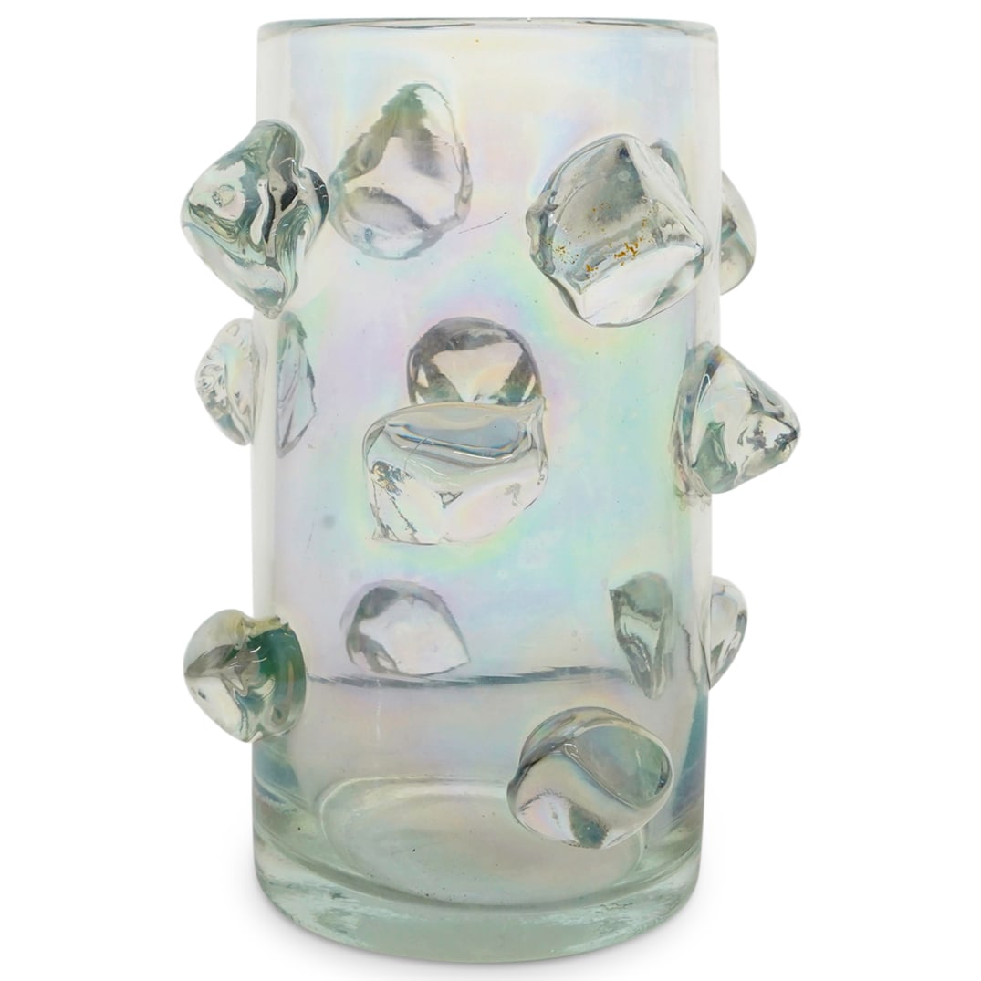 Murano Rock Formation Art Glass Vase: DESCRIPTION: Murano art glass vase in clear glass designed with a tubular circular form and with rock glass formations on the exterior. Finished with an iridescent wash layer. CIRCA: 20th Century ORIG
