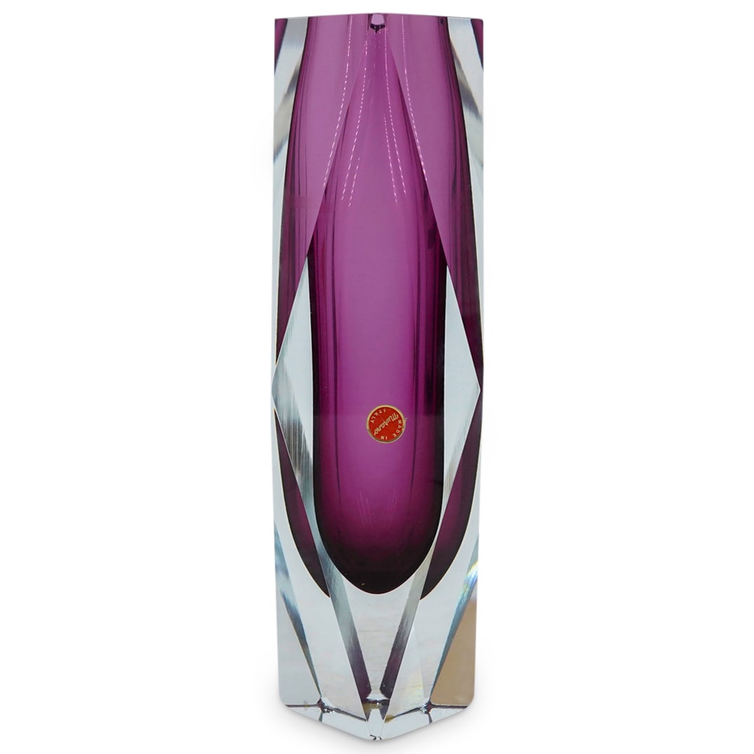 Murano Purple Sommerso Glass Vase: DESCRIPTION: Murano purple sommerso faceted glass vase, sticker on side "Made in Italy Murano" CIRCA: 20th Century ORIGIN: Italy DIMENSIONS: H: 11.75" W: 3.5" L: 3.5" CONDITION: Great condition Unless