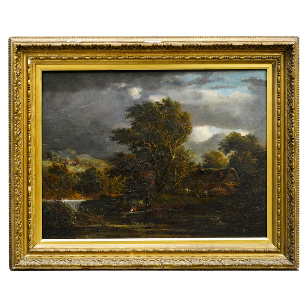 Oil On Canvas Landscape Painting: DESCRIPTION: Oil on canvas painting depicting a landscape with trees, two figures, and a boat. CIRCA: 19th - early 20th century ORIGIN: Western DIMENSIONS: (Sight) H: 17" W: 22.5" (Frame) H: 23.75" W: