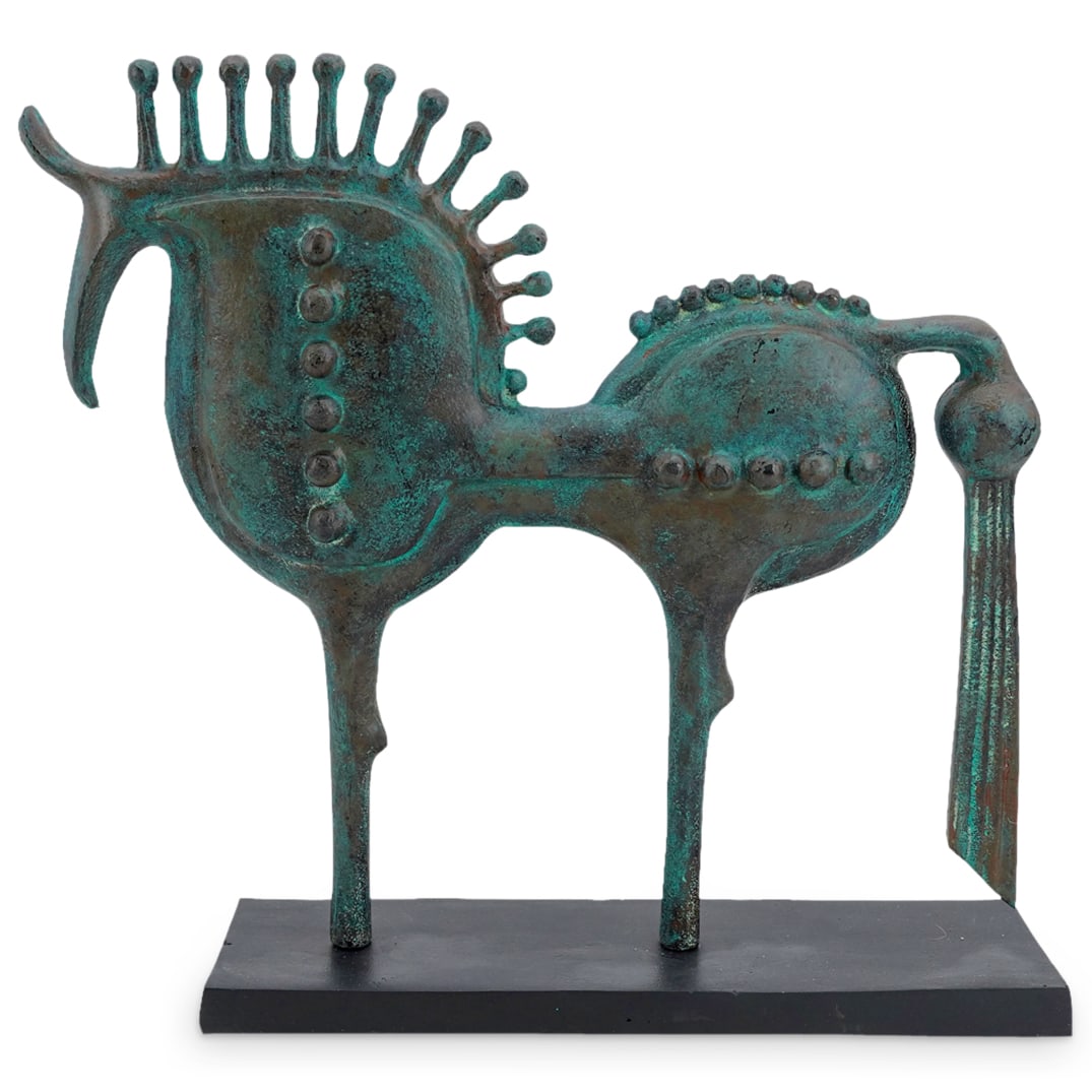 Modernist Abstract Metal Horse Sculpture: DESCRIPTION: Modernist abstract sculpture in the form of a horse, patinated finish. Mounted to rectangular black metal base. CIRCA: 20th Century ORIGIN: Continental DIMENSIONS: H: 14.25" W: 3.75" L: 1
