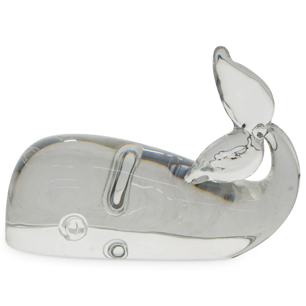 Steuben Crystal 'Whale' Paperweight Figurine: DESCRIPTION: Steuben crystal paperweight depicting a large whale. With "Steuben" signature hallmark on the underside. CIRCA: 20th Century. ORIGIN: USA DIMENSIONS: H: 2 7/8" W: 5" CONDITION: Good Condi