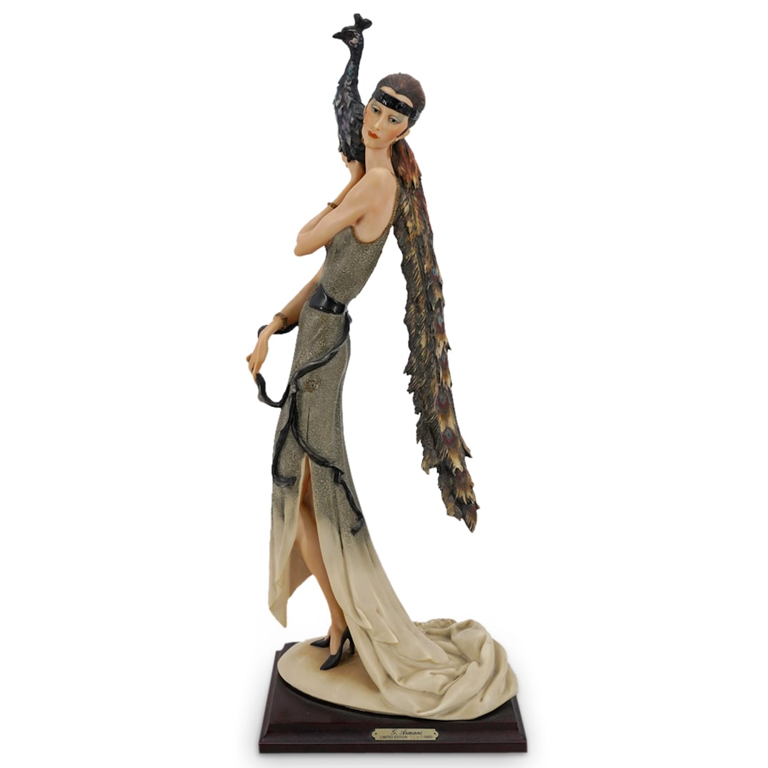 G. Armani Limited Edition "Lady W/ Peacock" Figurine: DESCRIPTION: Giuseppe Armani Limited Edition figurine depicting an elegant lady with peacock bird on her right shoulder. Signed G. Armani. Limited edition numbered 1080 / 5000. CIRCA: 20th century ORI