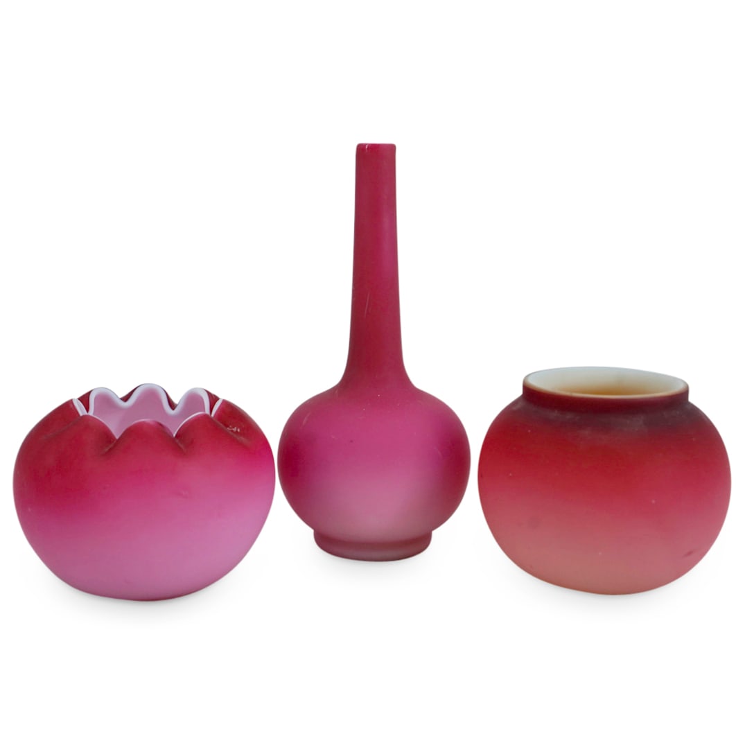 (3 Pc) Antique Peachblow Art Glass Pink Vases Grouping (1 of 12)