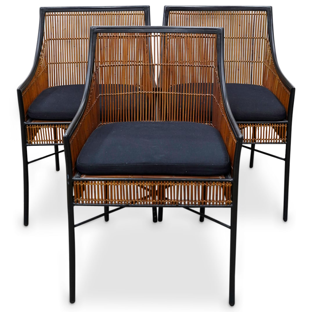 (3 Pc) Mid Century Modern Designer Iron And Wicker Chairs (1 of 8)