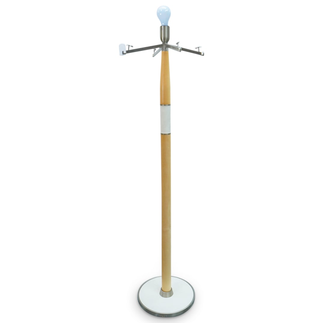 Seluce For De Sede Wood, Leather & Steel Floor Lamp: DESCRIPTION: Seluce for De Sede modern floor lamp comprised of wood, white-hued leather, and steel. Marked on base with "Seluce" and "exclusivo per de Sede".CIRCA: Late 20th centuryORIGIN: Probably It
