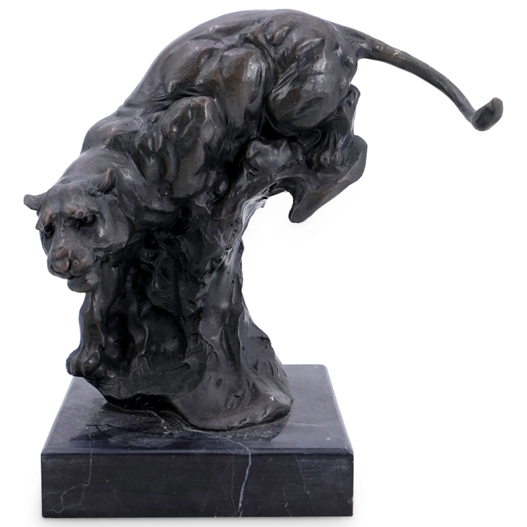 American School Creeping Panther Bronze, Signed: DESCRIPTION: Bronze sculpture a member of the American school depicting a panther crawling down a rocky outcropping. Signed Milo on verso. Mounted on marble base.CIRCA: 20th CenturyORIGIN: USADIMENSIO