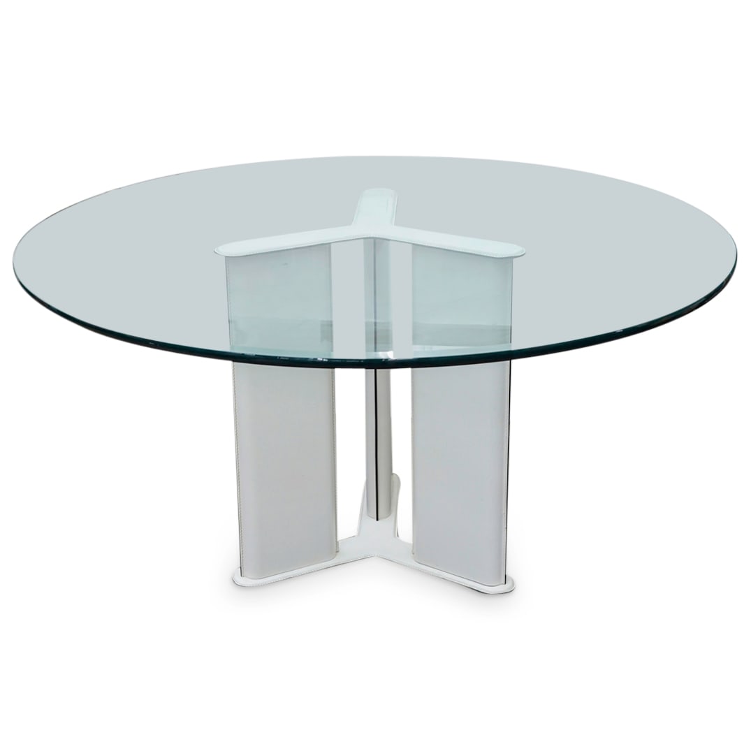 Tito Agnoli For Matteograssi "Sistina" Table: DESCRIPTION: "Sistina" table designed by Tito Agnoli for Matteograssi, the circular glass tabletop supported by a the triform base covered in white leather accented with black trim. Label at underside