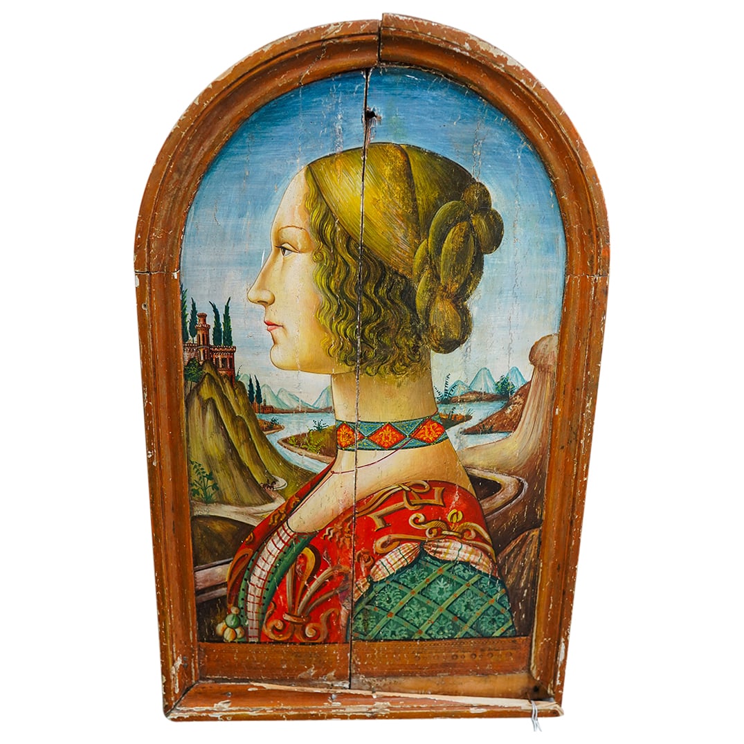 After Domenico Ghirlandaio Portrait Of A Lady Oil On Board: DESCRIPTION: Oil on board painting after Domenico Ghirlandaio's portrait depicting a lady against a landscape background. Board is arched and is mounted in an arched frame.Provenance: From a prominent