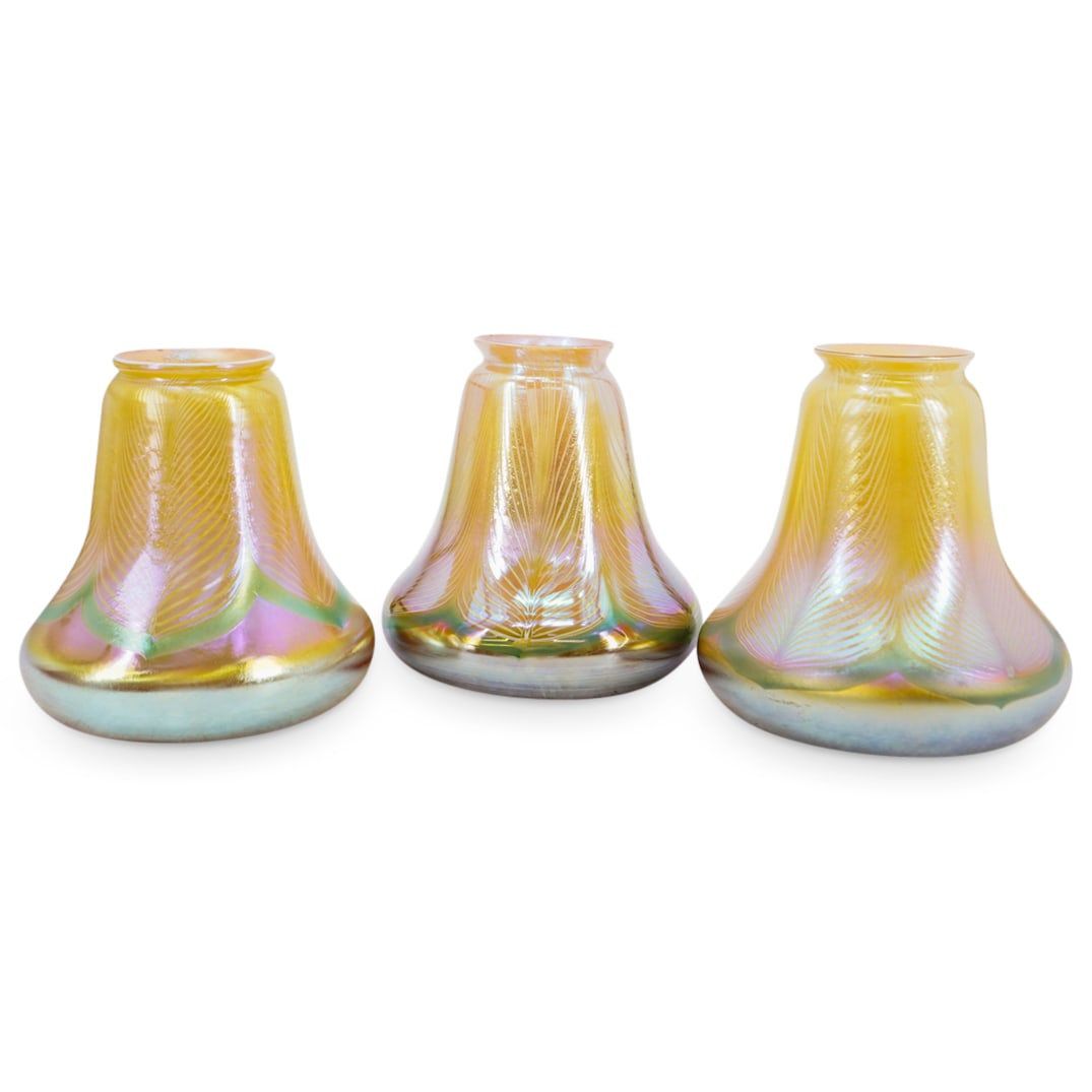 (3 Pc) Steuben Gold Aurene Pulled Feather Glass Lamp Shades (1 of 7)