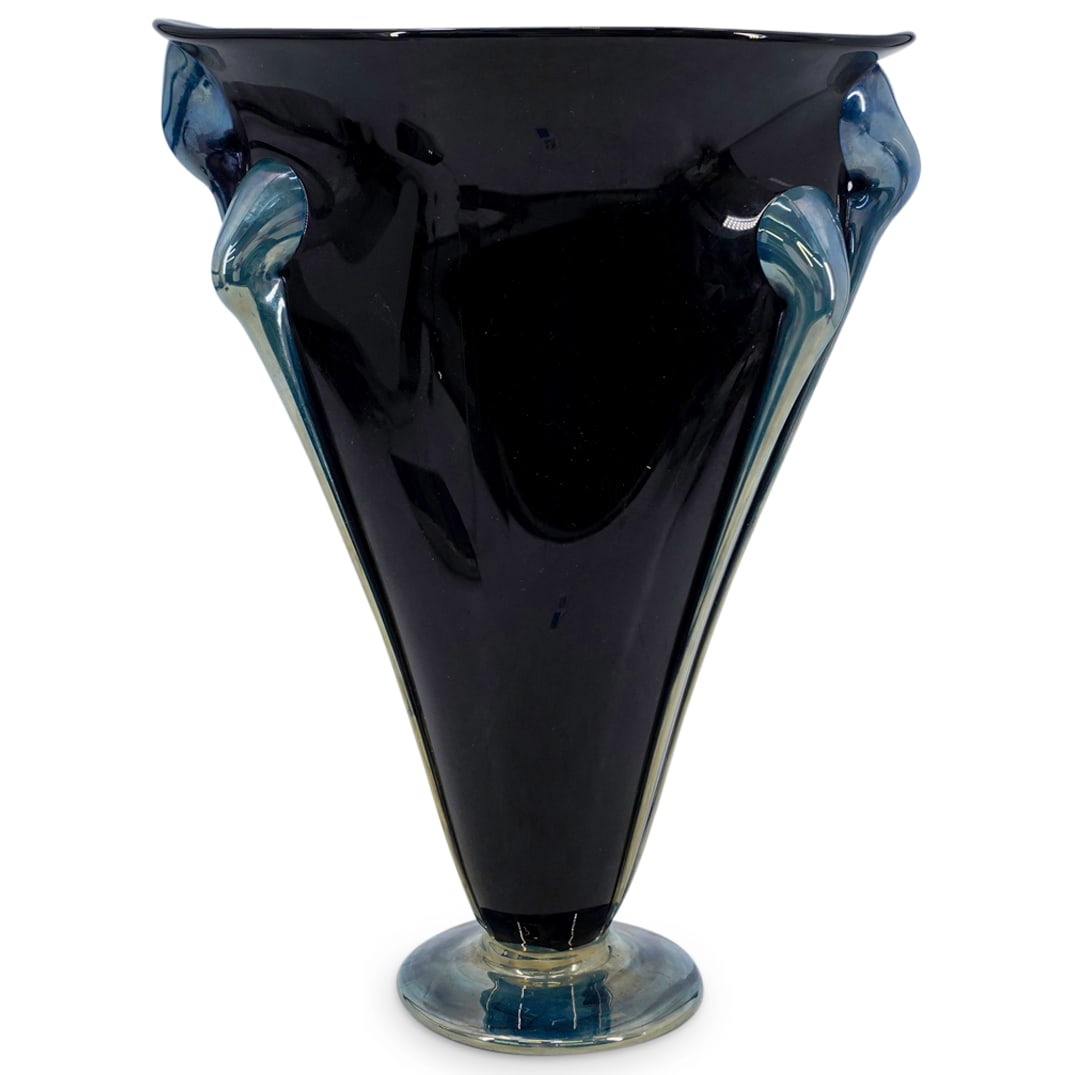 John Cook Art Glass Vase: DESCRIPTION: Partially iridescent art glass vase by John Cook, in black colored glass, featuring iridized tendrils and foot. Signed and dated on underside.CIRCA: 1995ORIGIN: AmericanDIMENSIONS: H: 12.