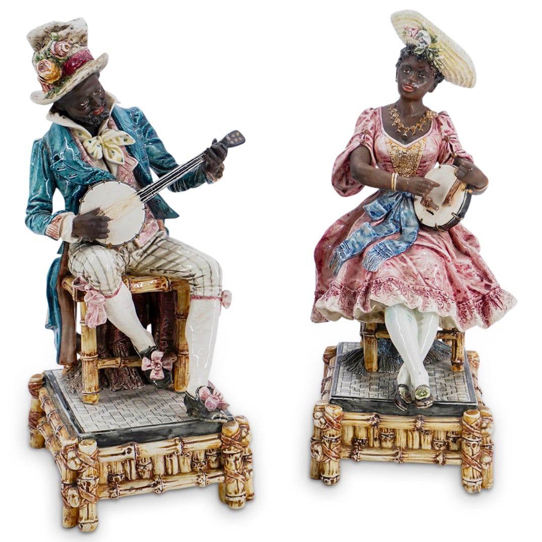 (2 Pc) Antique Goldscheider Style "Banjo Players" Porcelain Sculptures (1 of 15)