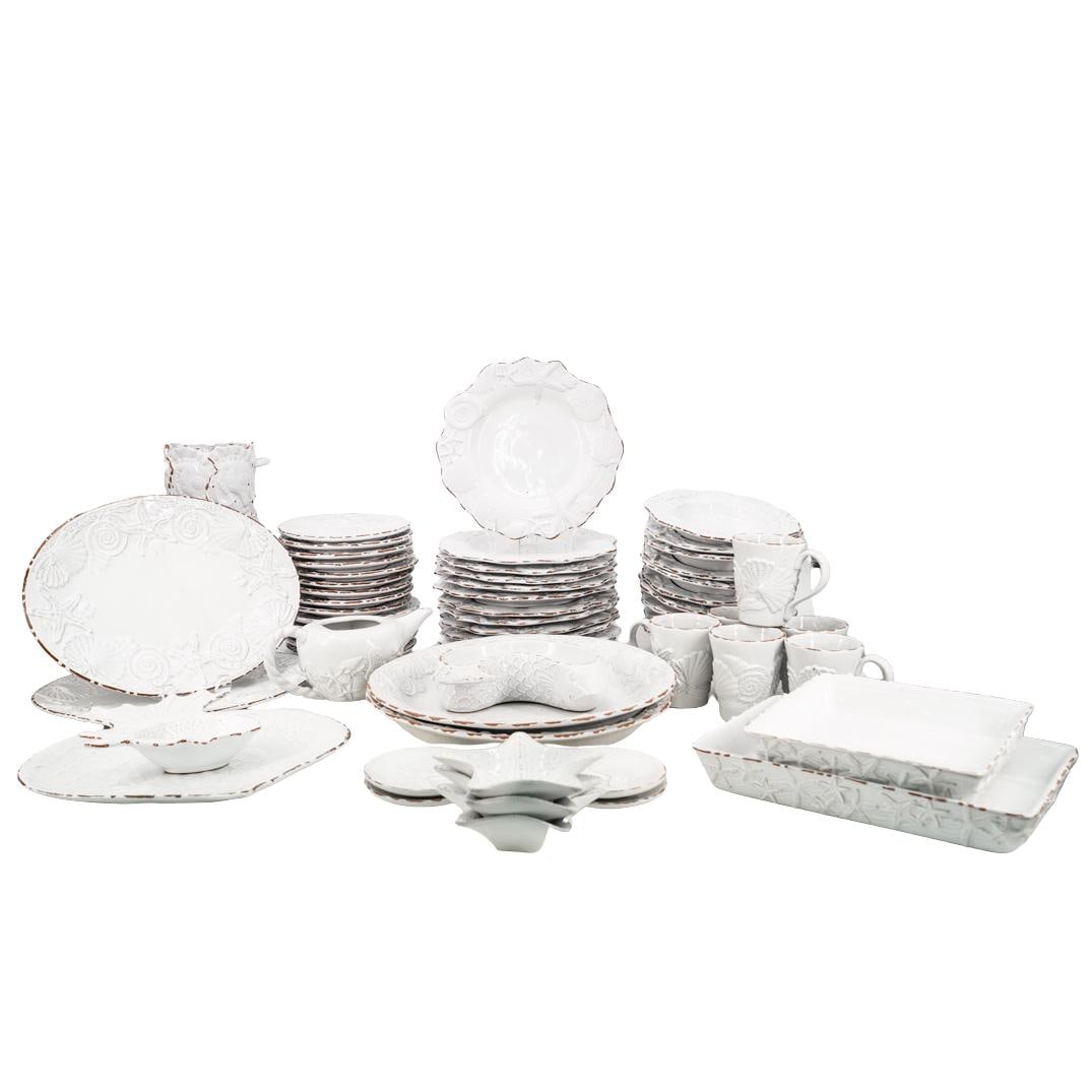 (60 Pc) Glazed Terracotta 'Mud Pie' Dinnerware Set: DESCRIPTION: (60 Pc) Glazed Terracotta 'Mud Pie' Dinnerware Set. Designed with an ocean theme, with seashells and seahorse motifs. The set includes:(12 Pc) dinner plates. W: 11"(10 Pc) soup plates. W: