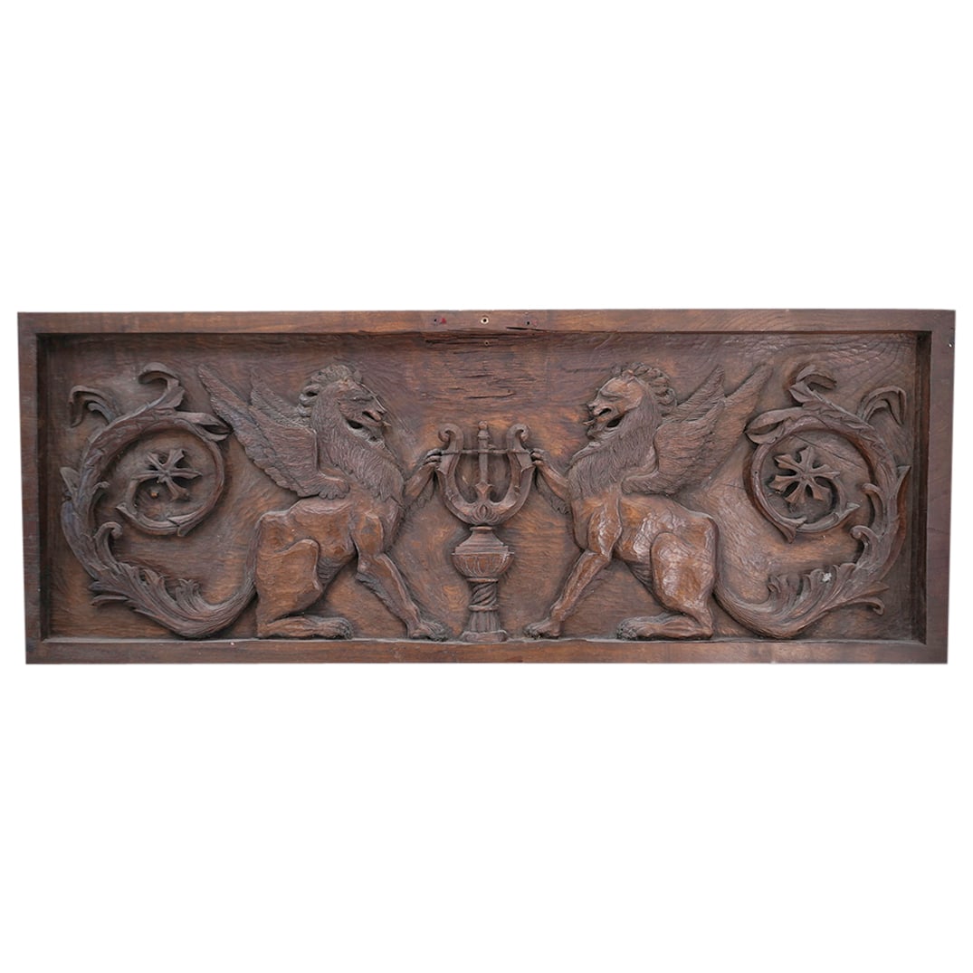 Antique European Carved Wood Winged Lion Wall Plaque (1 of 6)