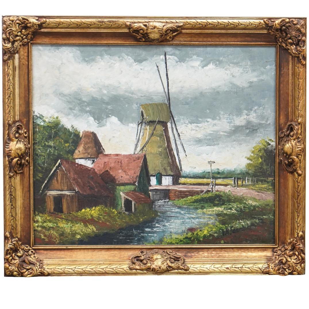 Dutch Village Oil on Canvas Framed Painting: DESCRIPTION: Oil on canvas painting, depicting a dutch village by a river. Signed bottom right. Framed in gilt frame. CIRCA: 20th CenturyORIGIN: Continental DIMENSIONS: (Image) H: 19.5" L: 23" (Frame)