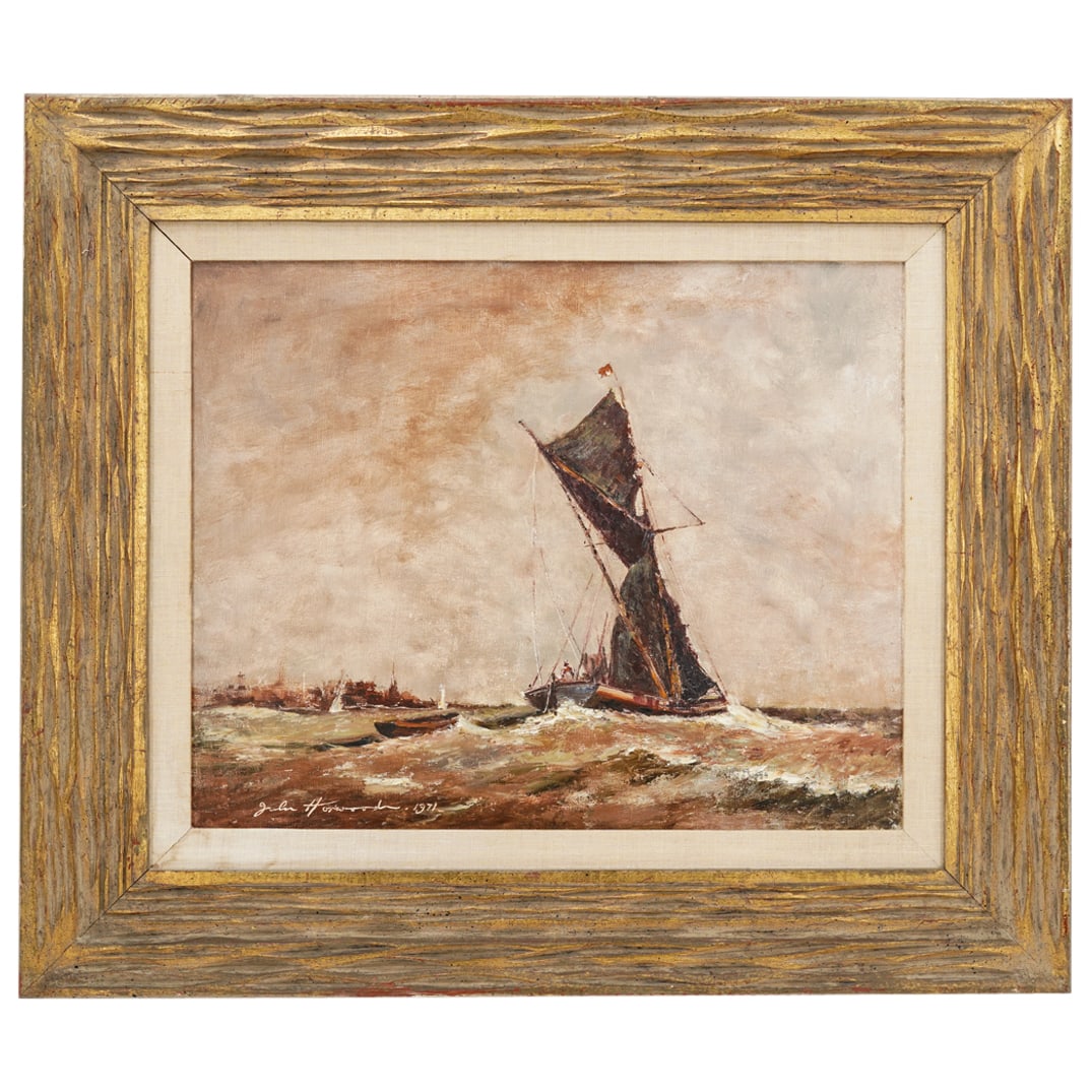 John Horwood (British, 1934-1994) "The Old Boat" Oil On Canvas: DESCRIPTION: Oil on canvas painting entitled "The Old Boat" by John Horwood depicting a sailing vessel sporting black sails out at sea near a city seen in the background. Signed and dated "1971" at lo