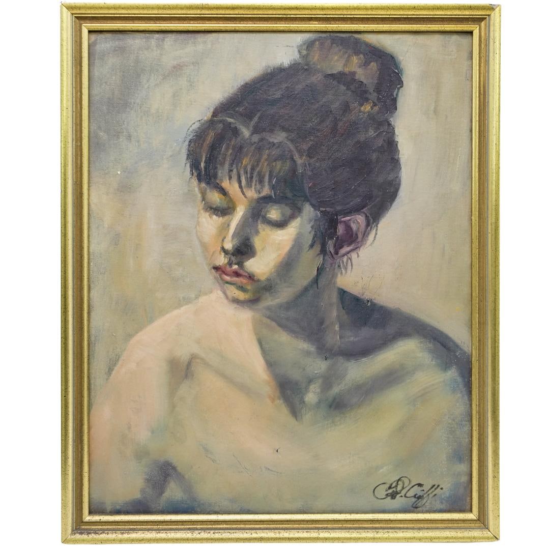 Antique French School Woman's Portrait Oil On Canvas On Board: DESCRIPTION: Oil on canvas on board painting by a member of the French school depicting the bust of a woman with downcast eyes. Signed illegibly at lower right. Mounted in a gilt wooden frame.CIRCA: L