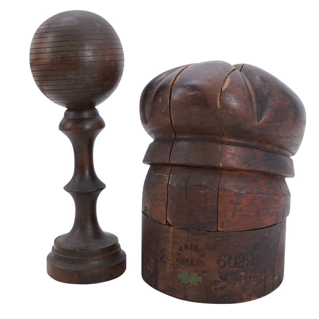 (2 Pc) Antique American Carved Wood Hat Mold And Turned Wood Hat Stand (1 of 6)