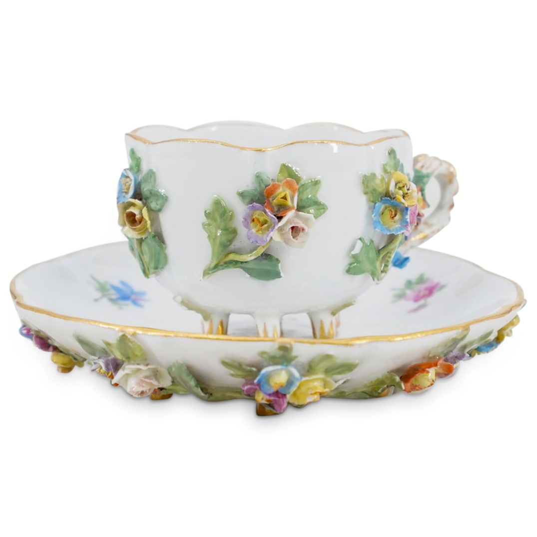(2 pc) Meissen Floral Porcelain Pedestal Cup & Saucer (1 of 8)