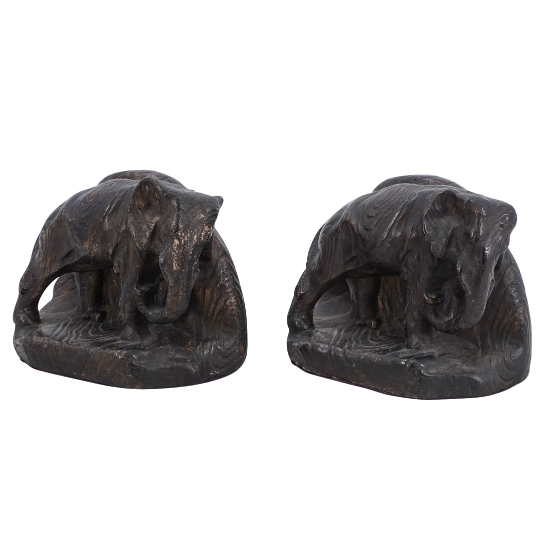 (2 Pc) Vintage Carved Wood Elephant Bookends (1 of 4)