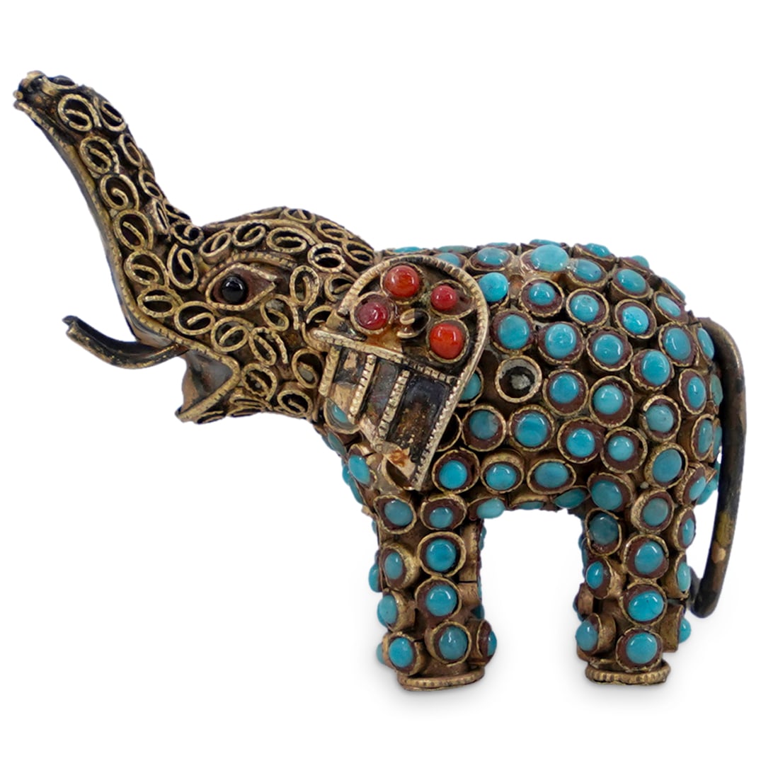 Chinese Gilt Bronze, Coral, and Turquoise Elephant (1 of 4)